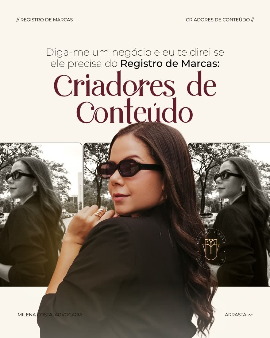 Carrossel — Milena Costa Advocacia: registro de marcas para criadores de conteúdo