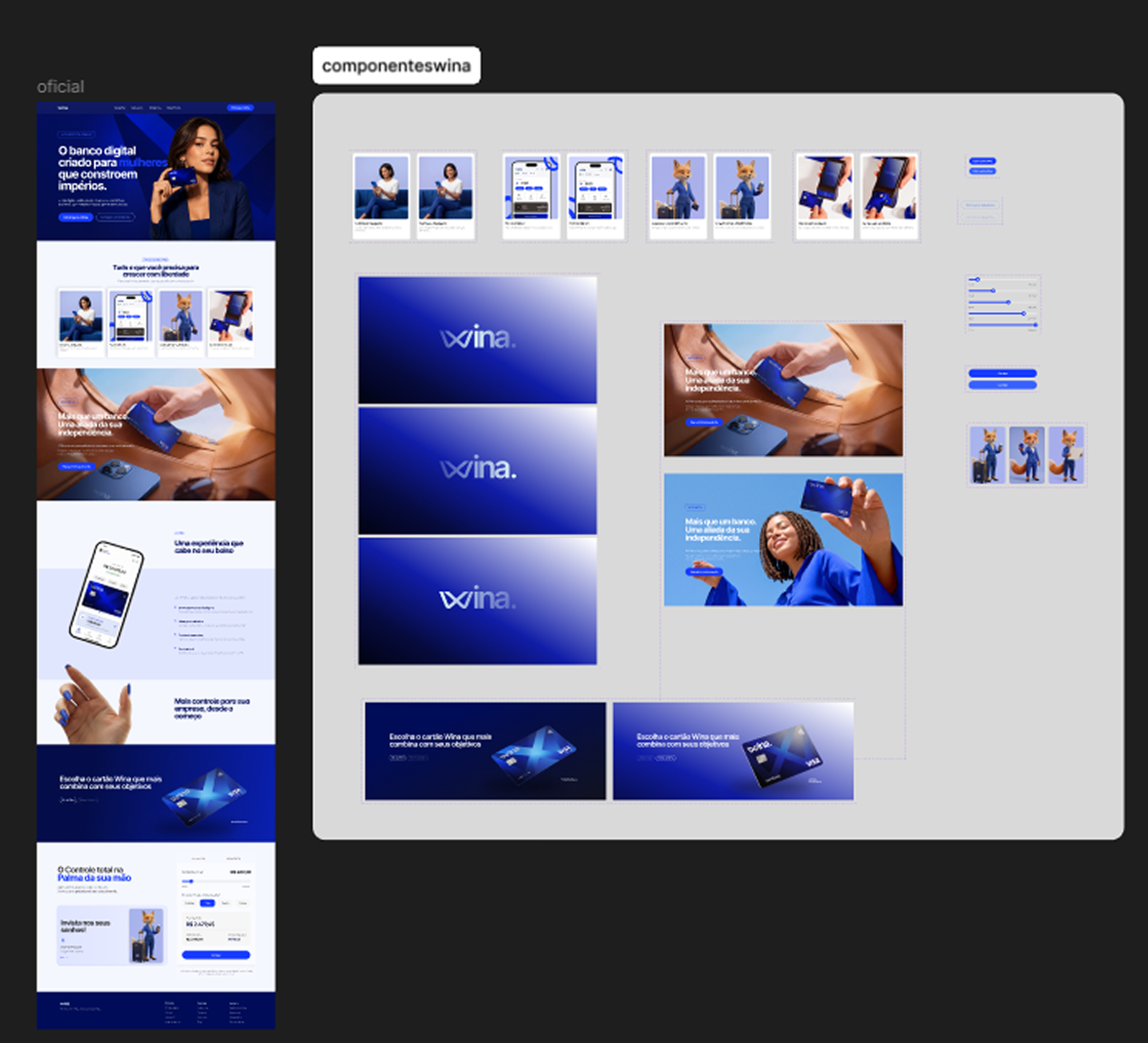 Landing page e componentes visuais da Wina